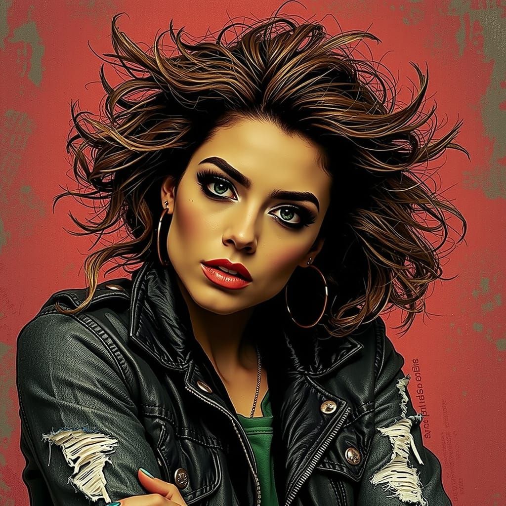 Rough Glamour Woman in Leather Jacket with Defiant Gaze