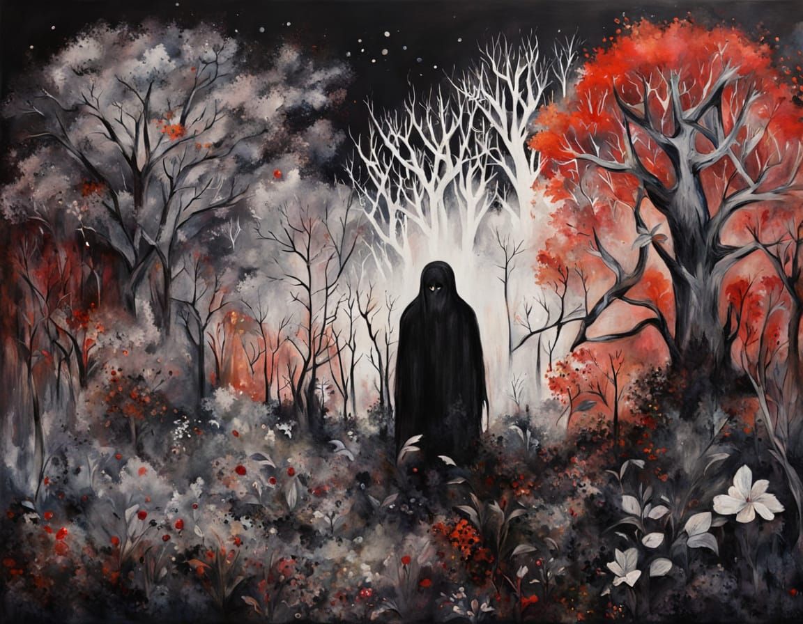 A surreal landscape where black and white vegetation surroun...