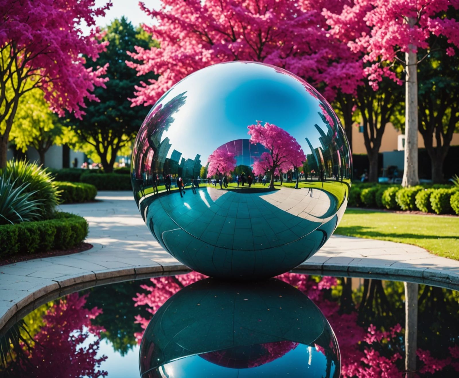 Surreal Neon Reflection in a Chrome Spheroid