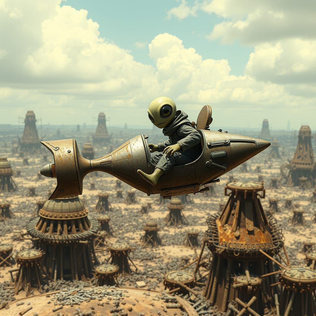 Cosmic Outcast Soars Over a Deserted Industrial Wasteland