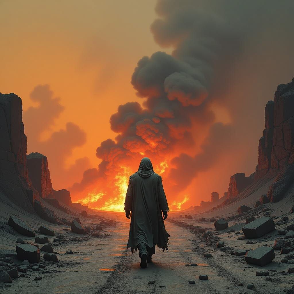 Desolate Figure Walks to Fiery Abyss