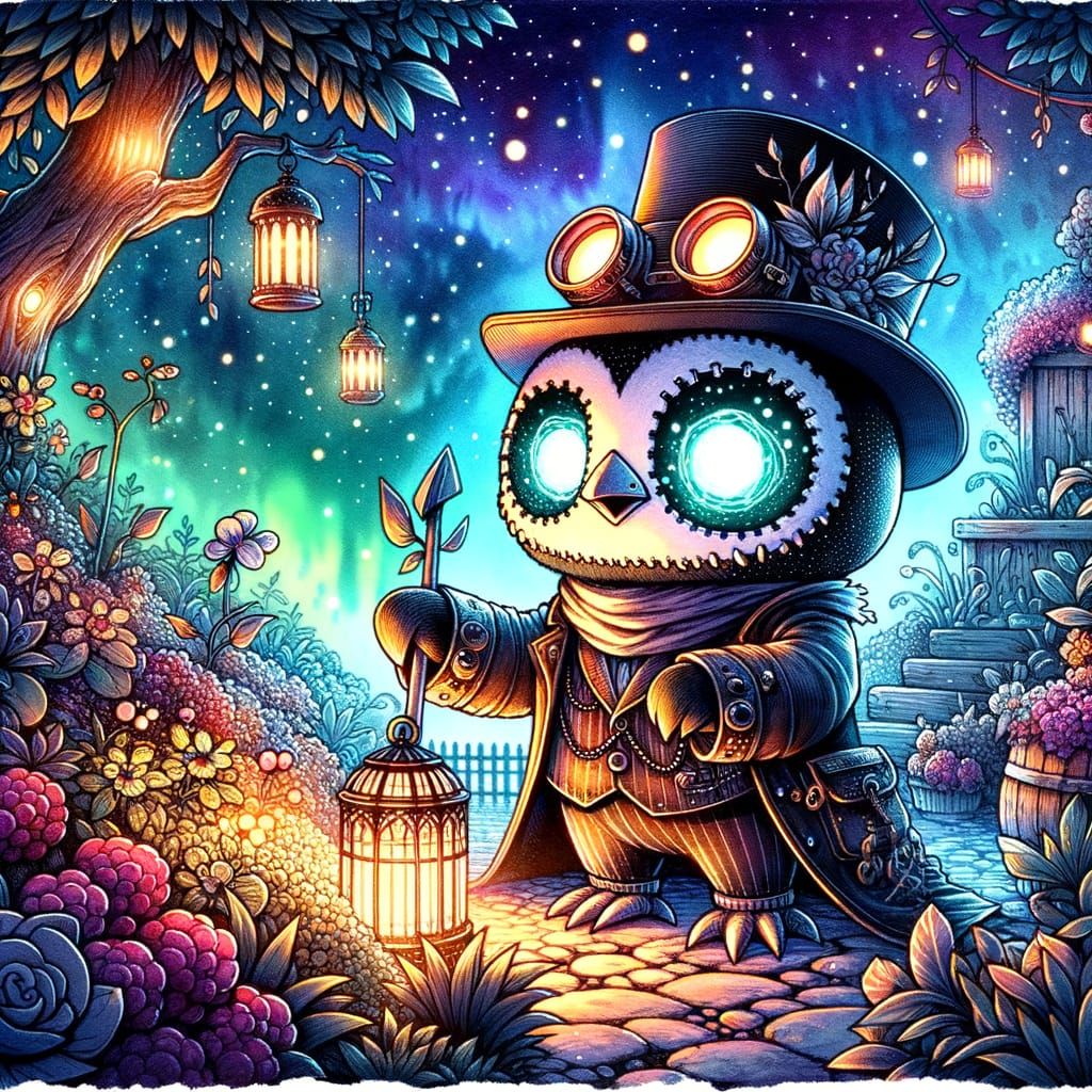 Steampunk Penguin Gardener in a Mystical Garden