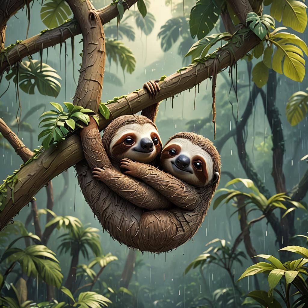Cute Sloth Family Hug in Rainforest: 3D Digital Art