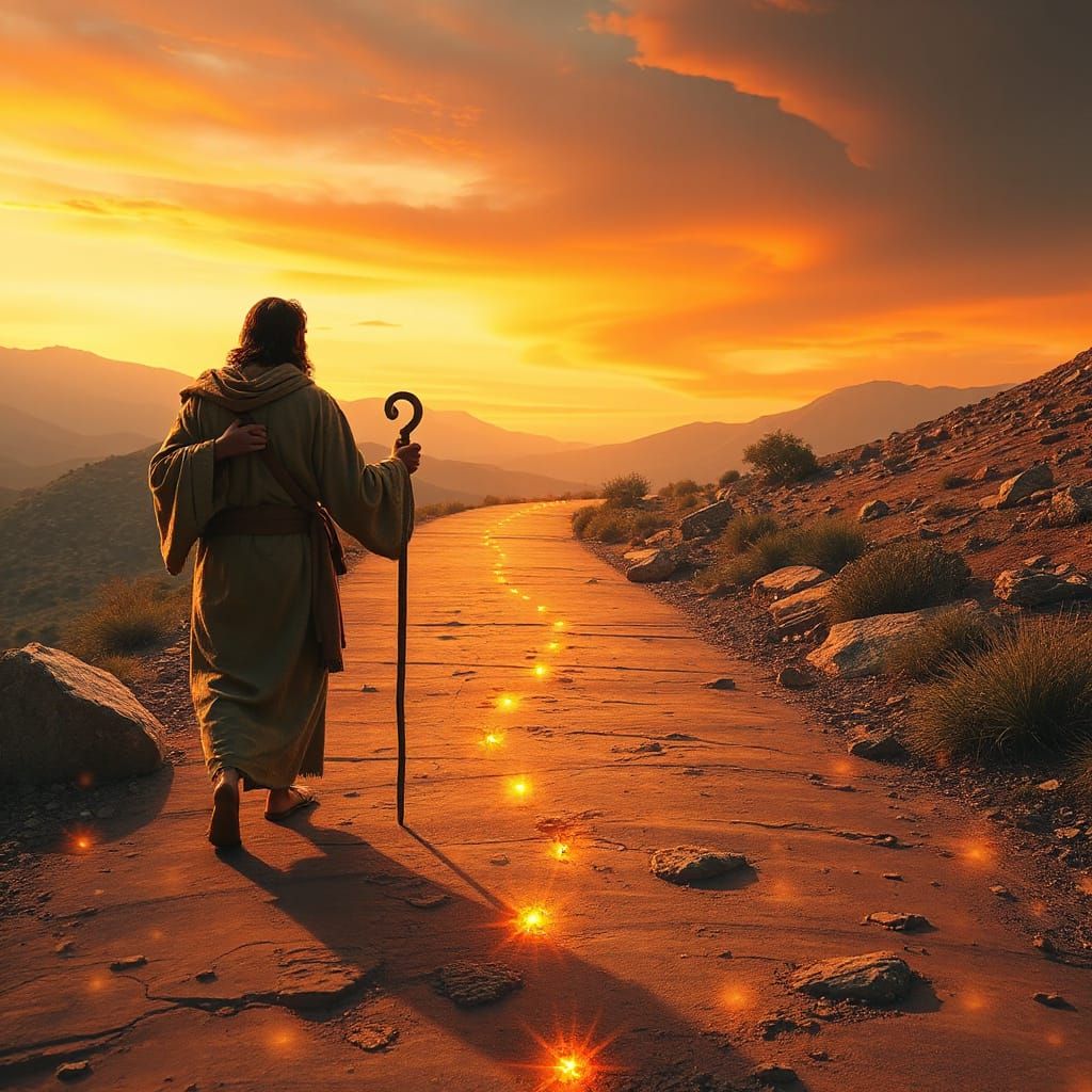 Surreal Jesus Walks Down a Serpentine Road with Luminous Foo...
