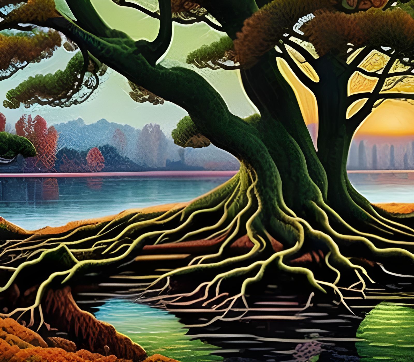 Art Deco Roots: Sunset River Landscape