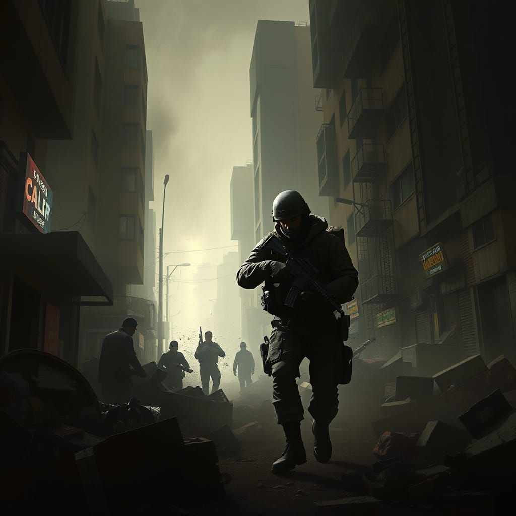 War-Torn Urban Battlefield in Dark Realism Style
