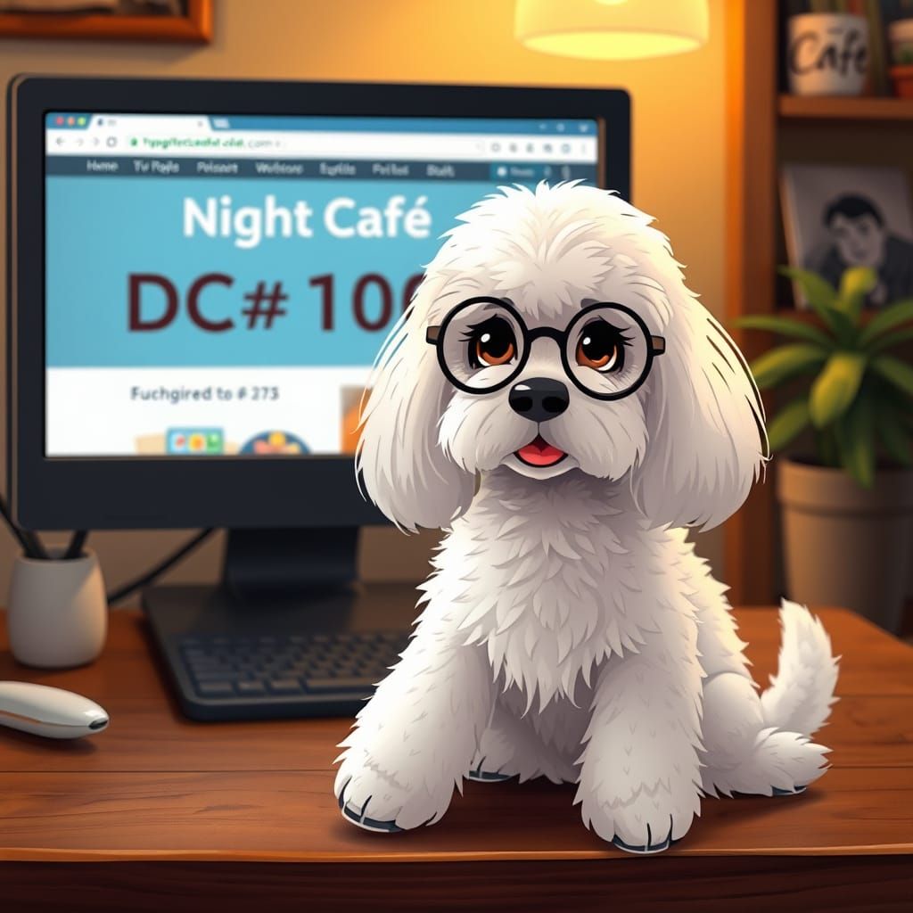 Poodle at Computer in Whimsical Illustration Style