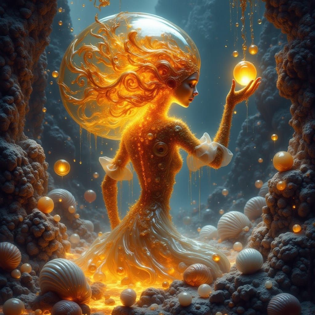 Cyborg in Amber, Surreal Futuristic Landscape