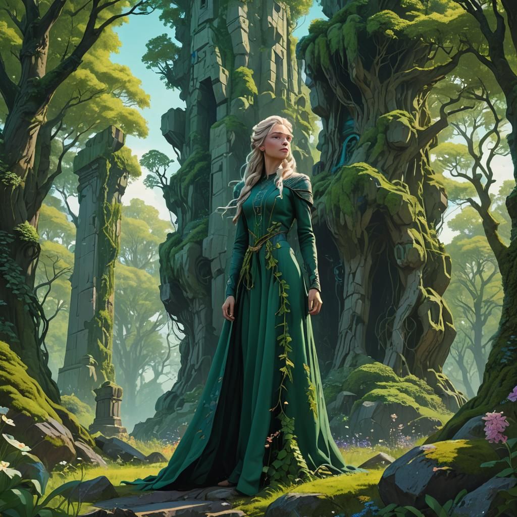 Earth Elemental Elsa in Forest, Matte Painting Style