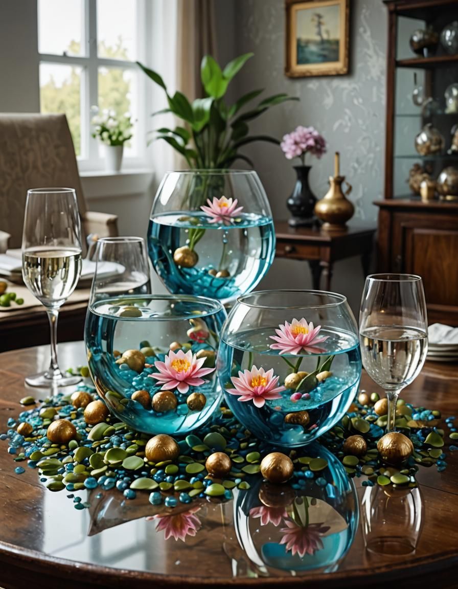 Crystal Ball Reflecting Water Lilies in a Living Room