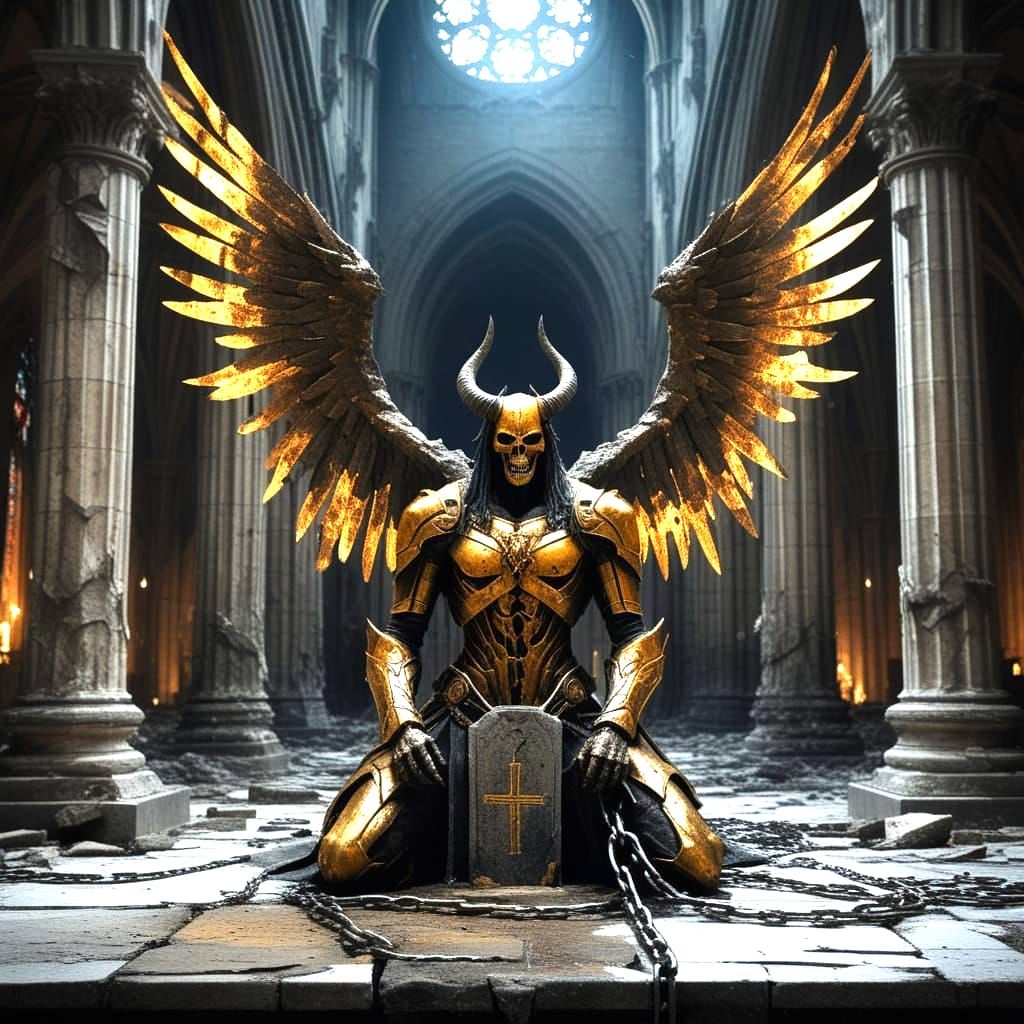 Gothic Realism Demon Kneeling Before Angel in Cathedral
