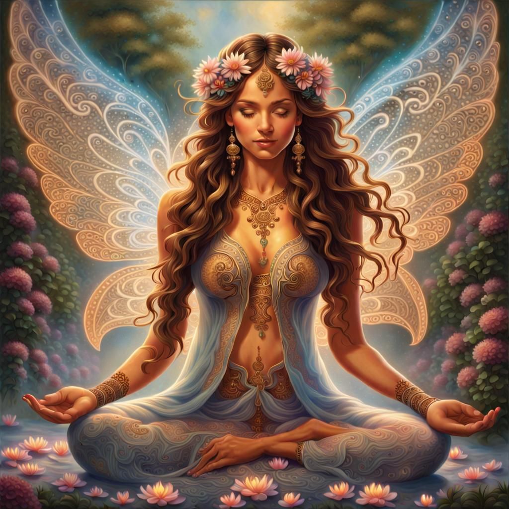 Meditating Woman with Floral Wings in Ethereal Mist