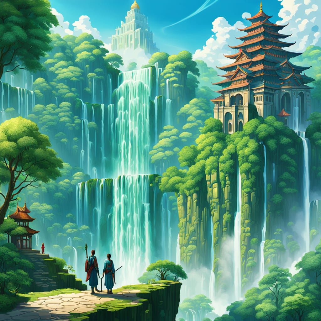 Lush Forest Waterfall and Cliffside Temple in Fantasy Art St...