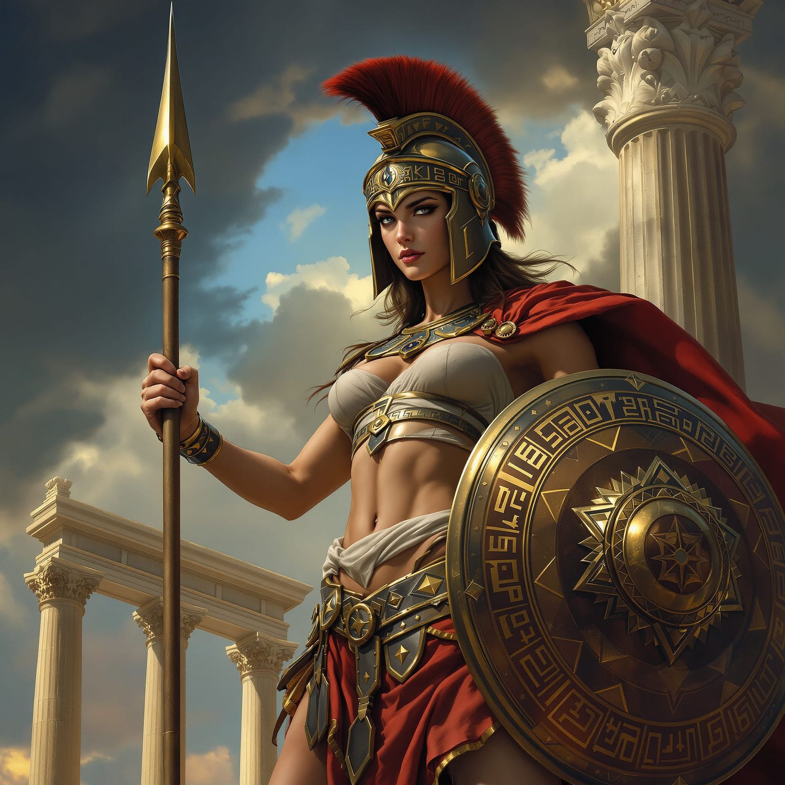 Ancient Greek Warrior Woman in Epic Sky, Baroque Realism Sty...