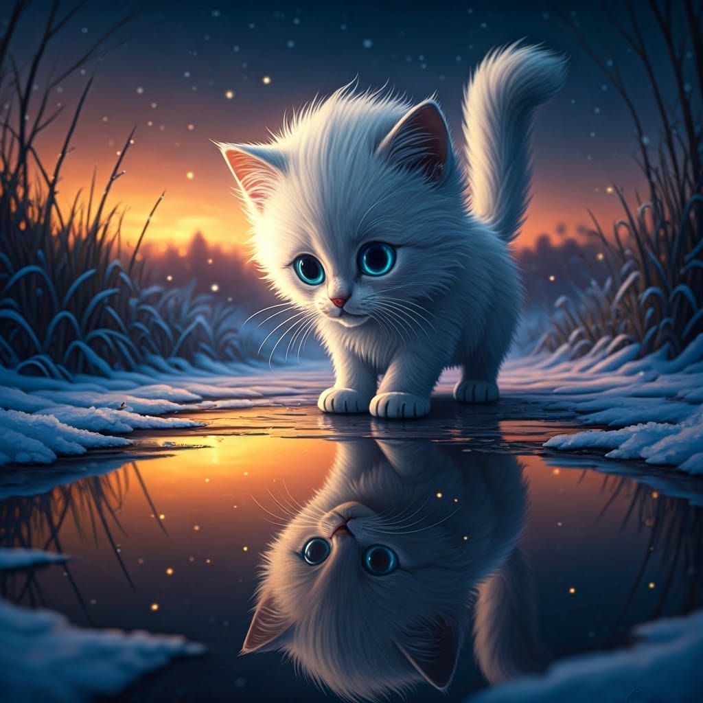 Cat Sees Lion Reflection at Night, Dreamlike Illustration
