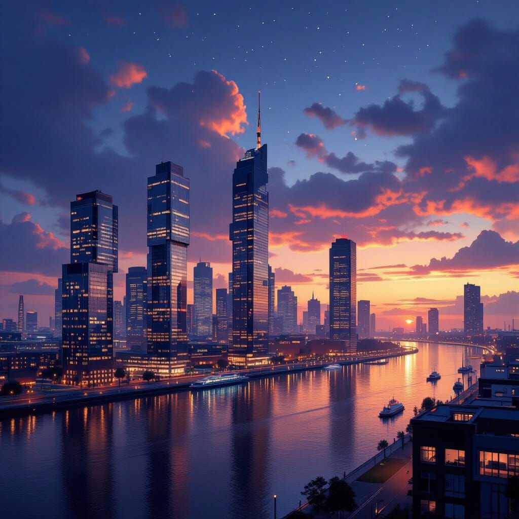 Rotterdam Cityscape at Dusk: Realistic Digital Matte Paintin...