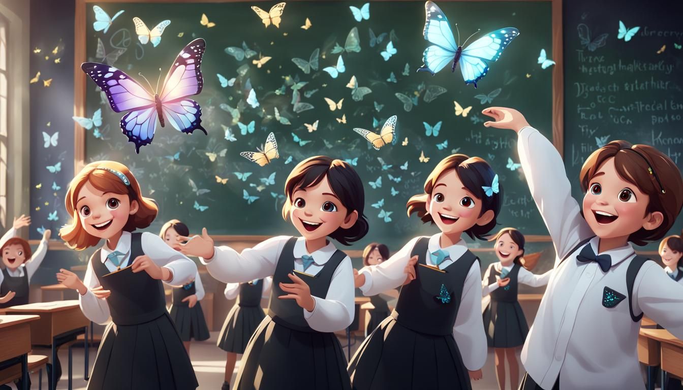 Joyful Kids with Magical Butterflies, Pixar Style