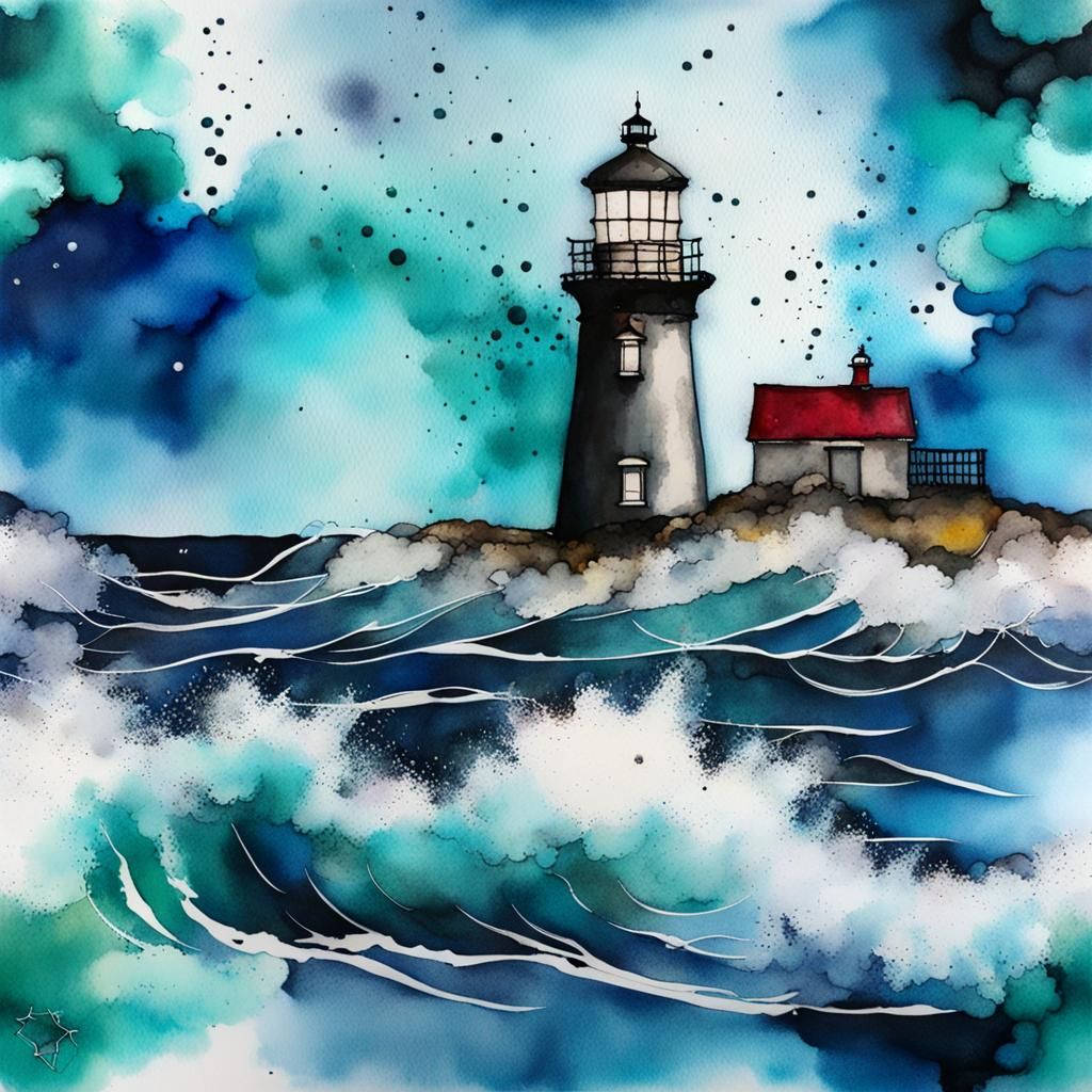 Lighthouse Battling Stormy Seas: Ink and Alcohol Inks