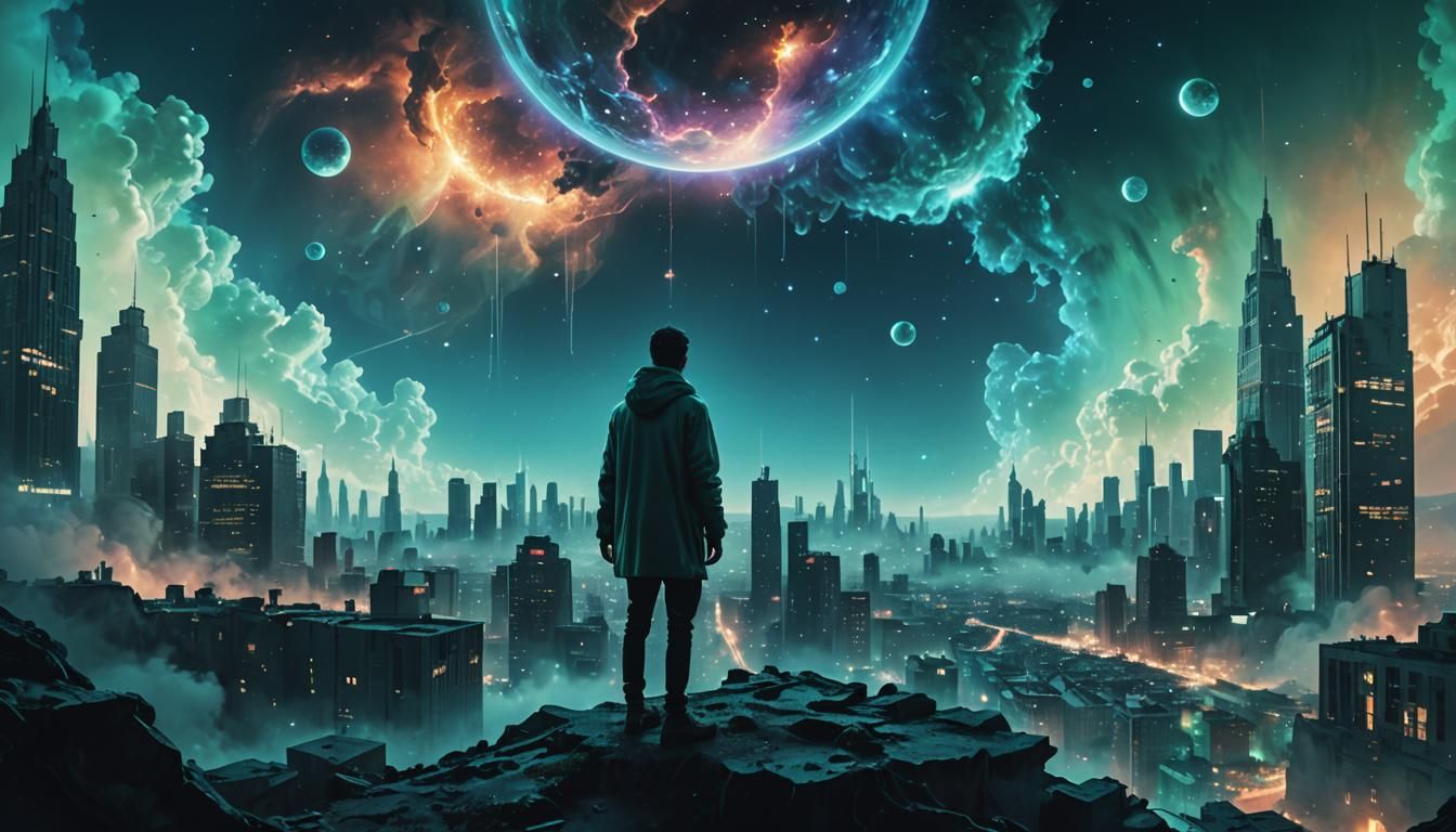 Nebula Gazing: Surrealist Cityscape in Double Exposure