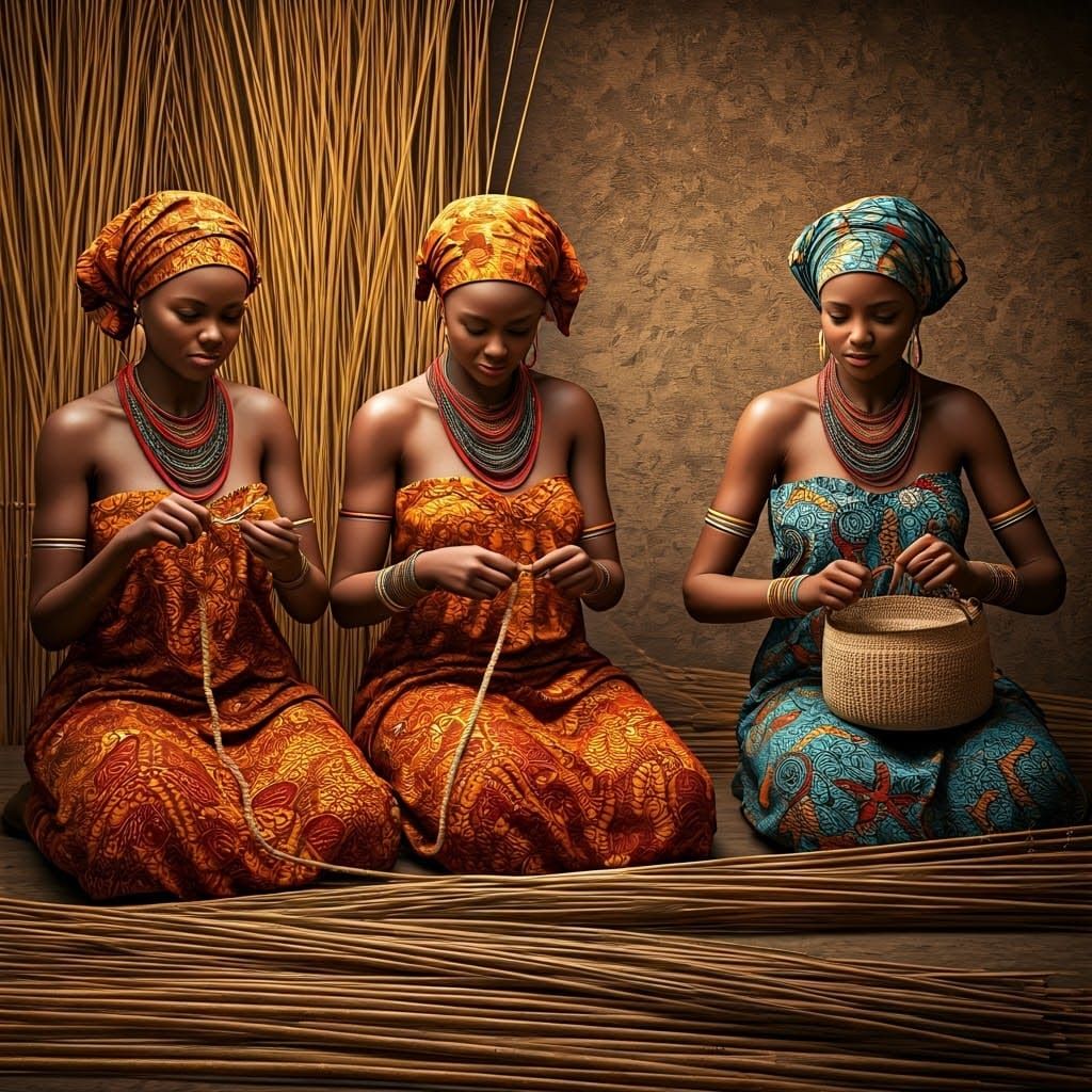 African Women Weaving: A Photorealistic Village Scene