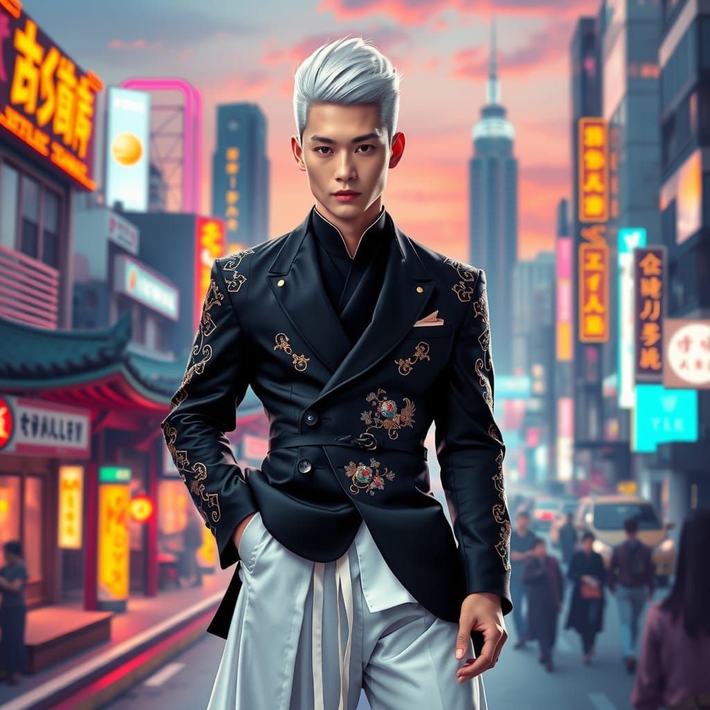 Regal Korean Prince in Futuristic Hanbok Attire