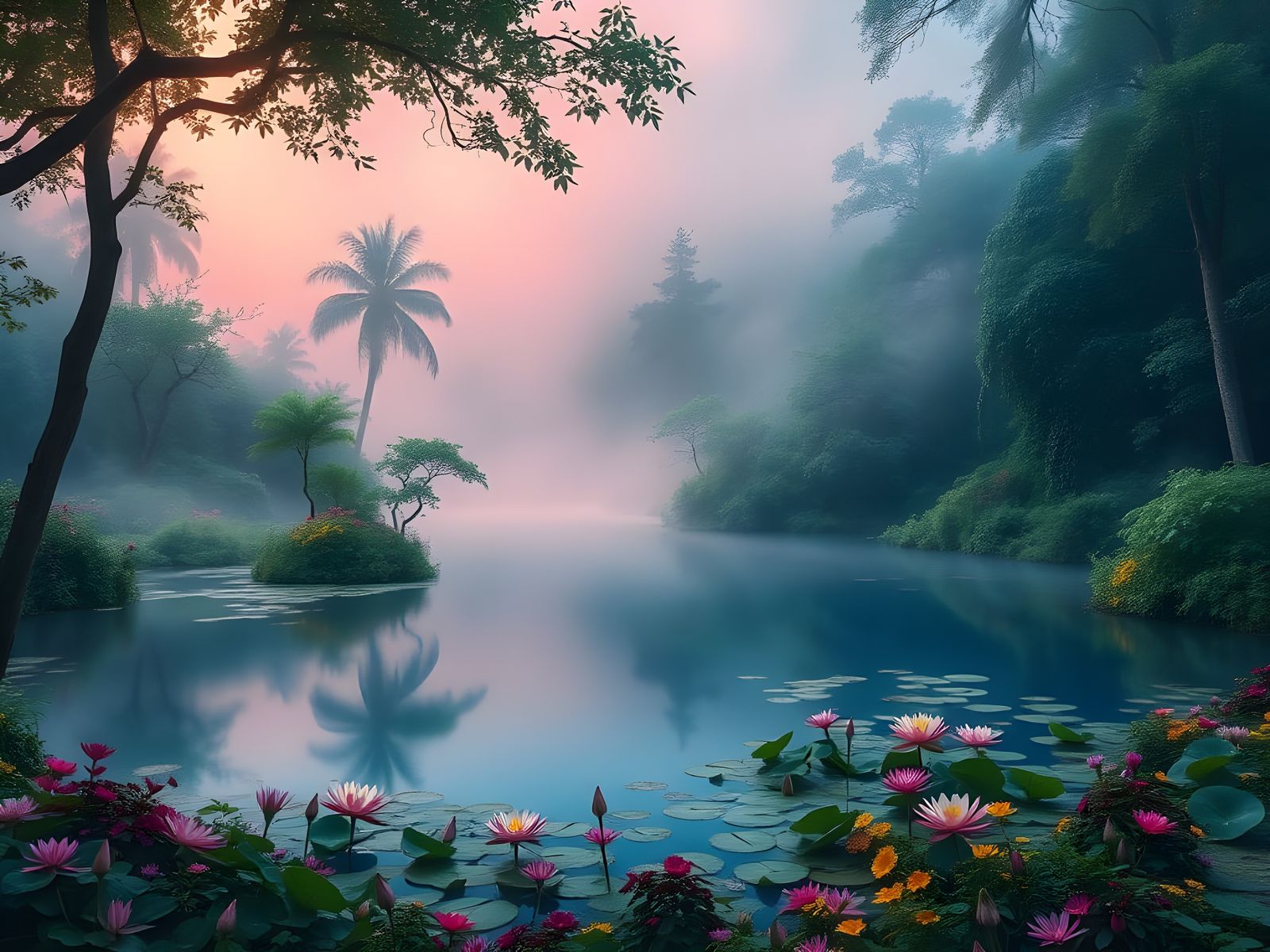 Enchanted Blue Lake in Soft Pink Fog