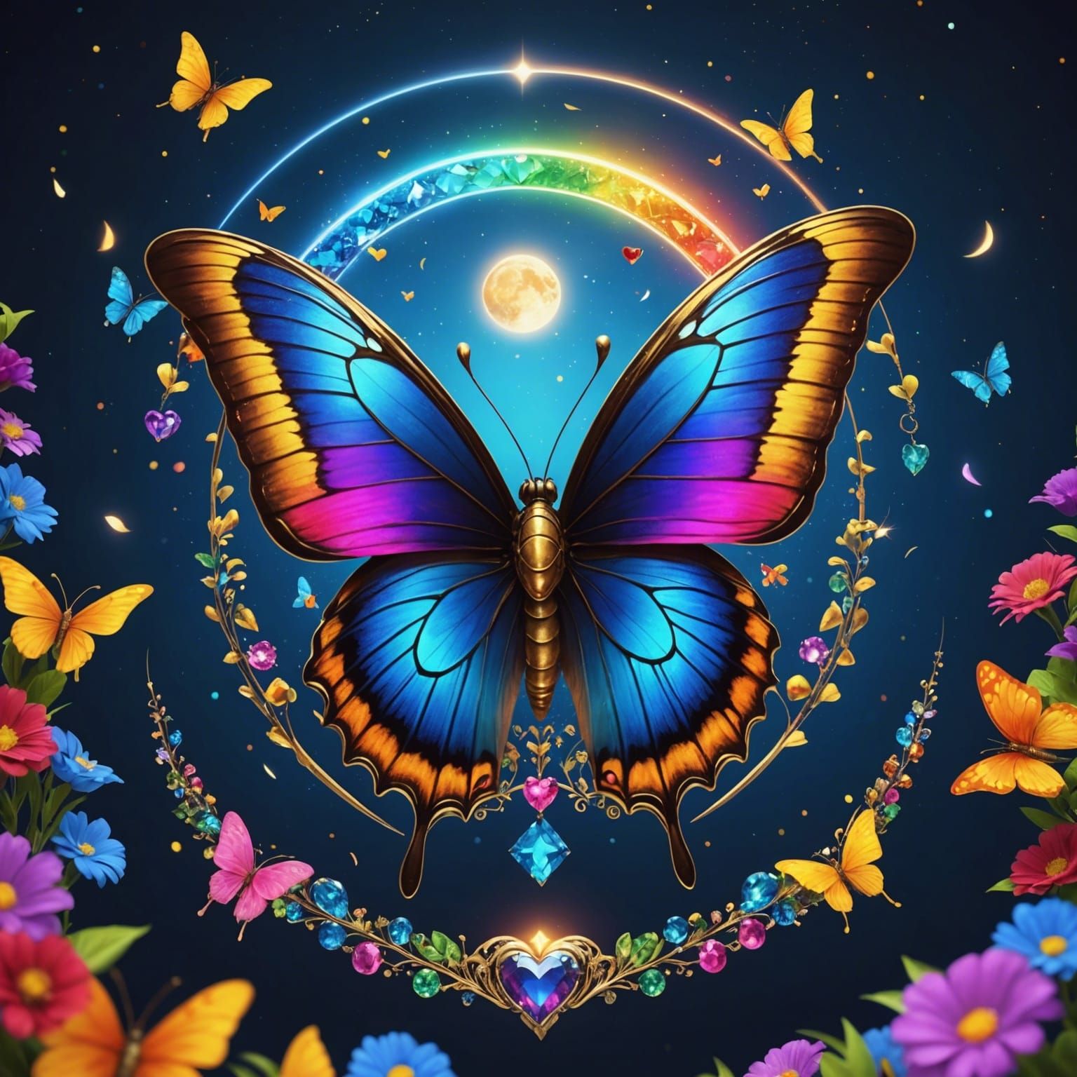 Rainbow Butterfly with Jewel Heart Moon Eclipse
