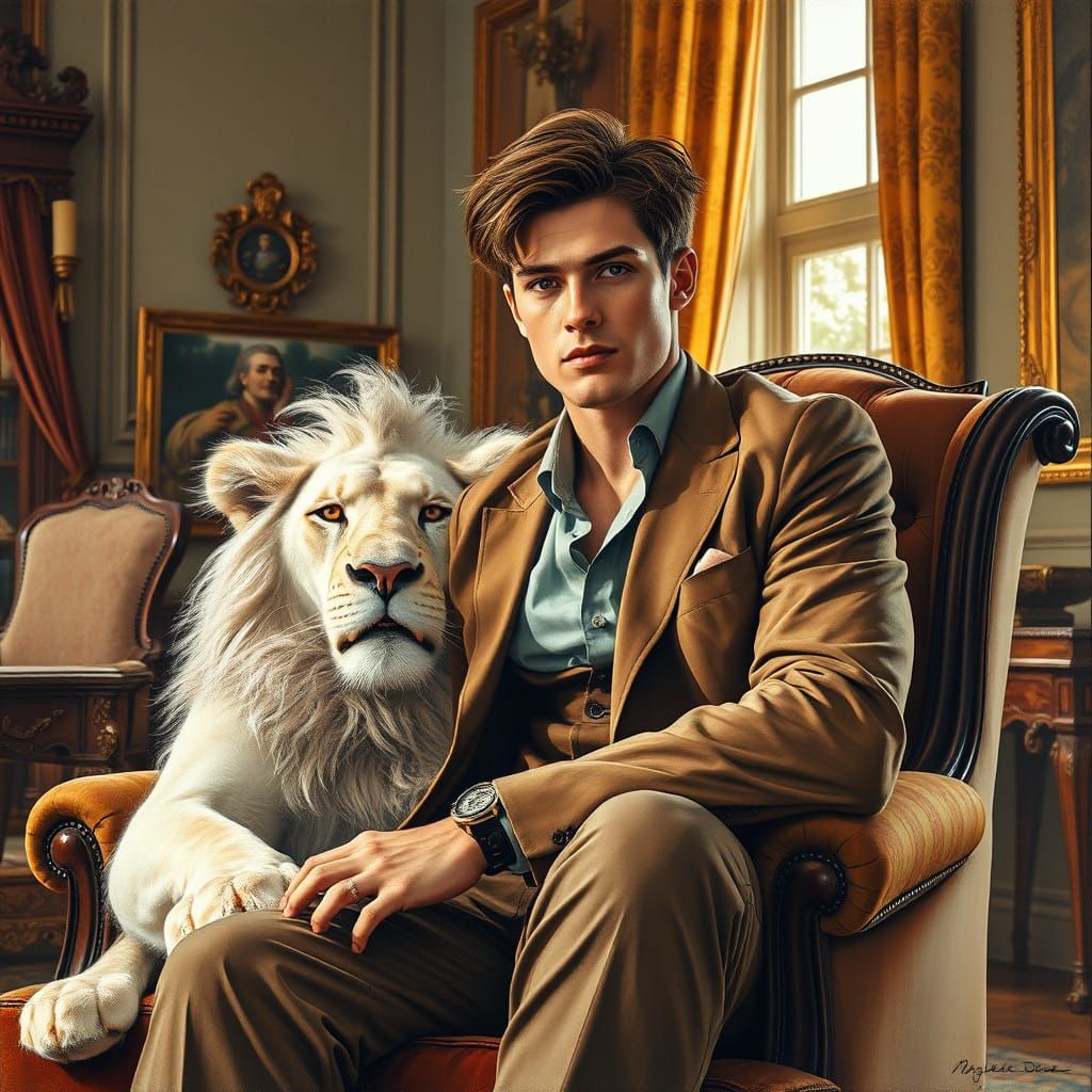 Young Man Surrounded by Opulence and Majestic White Lion