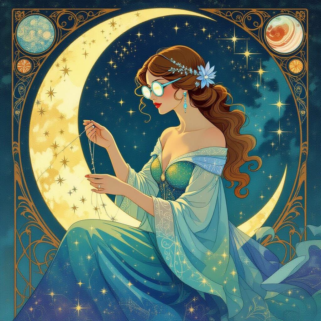 Cosmic Seamstress Stitching Constellations in Art Nouveau St...