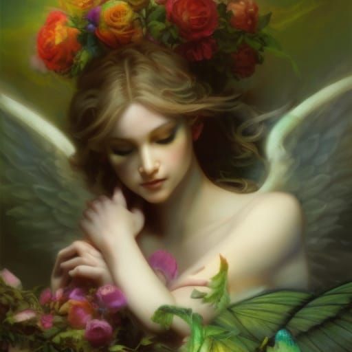 Angelic Androgynous Figure in Ethereal Garden Setting