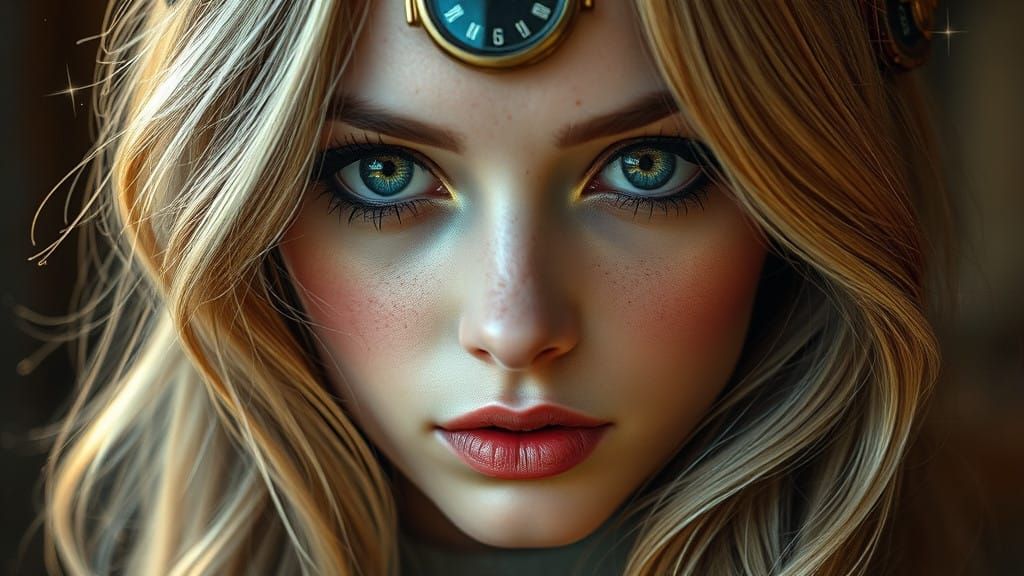 Ethereal Steampunk Goddess with Golden Eyes and Vintage Time...
