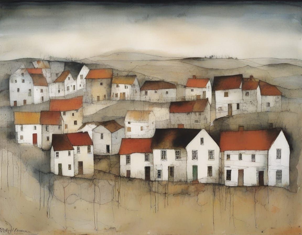 White Village in Dark Mountains, Inspired by Steadman and Kl...