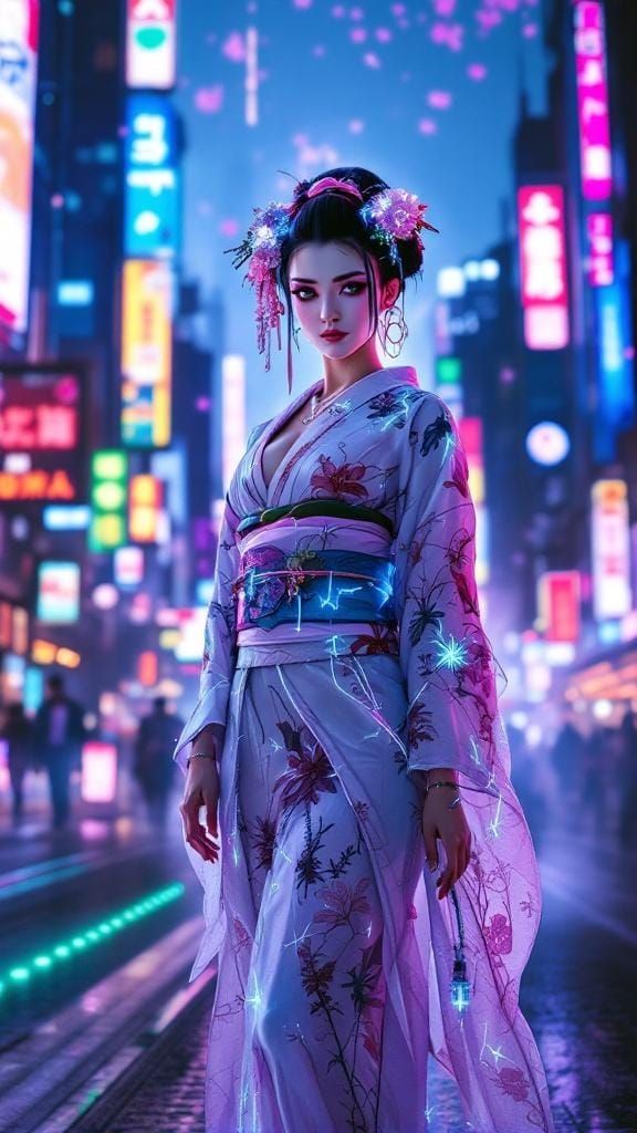 A captivating portrait of a cyberpunk geisha, her face adorn...