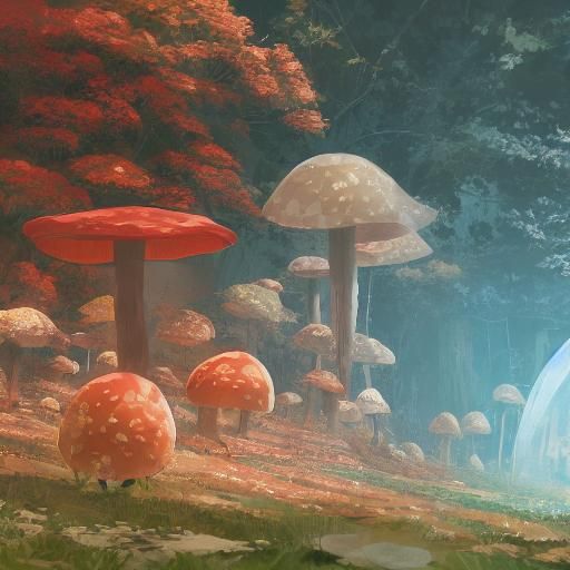 Microscopic City Inside Transparent Mushroom, Anime Style