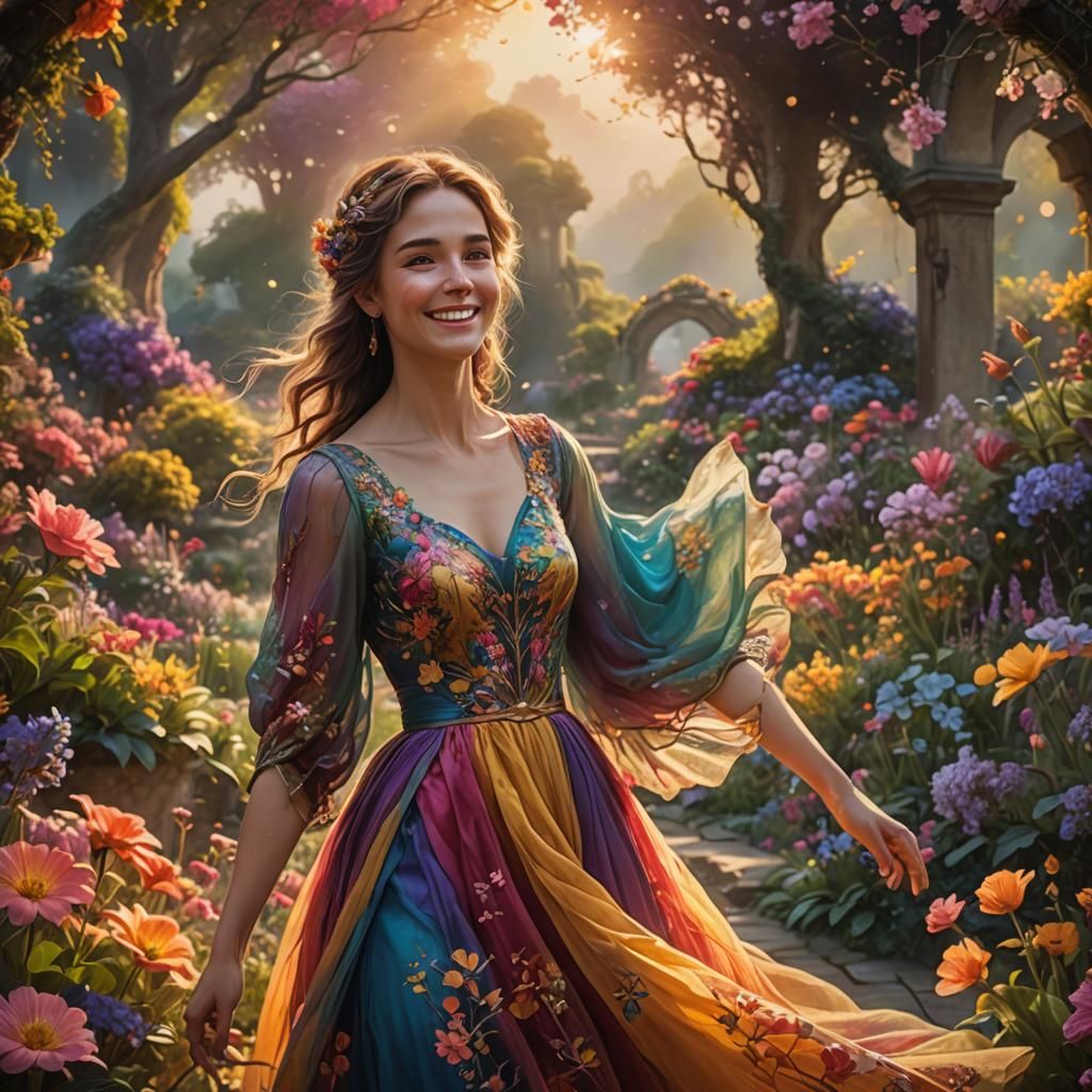 Woman in Fantasy Garden at Sunrise