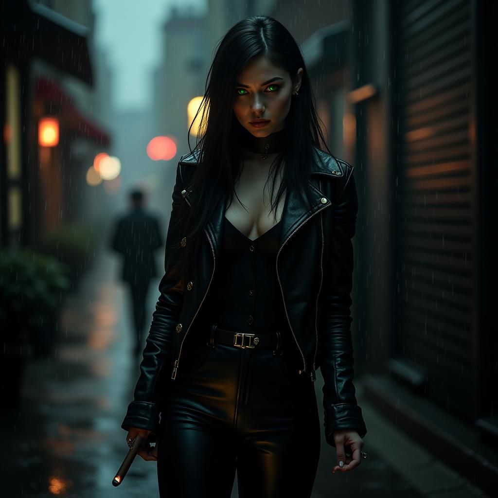 Futuristic Assassin in Rain-Soaked Alleyway