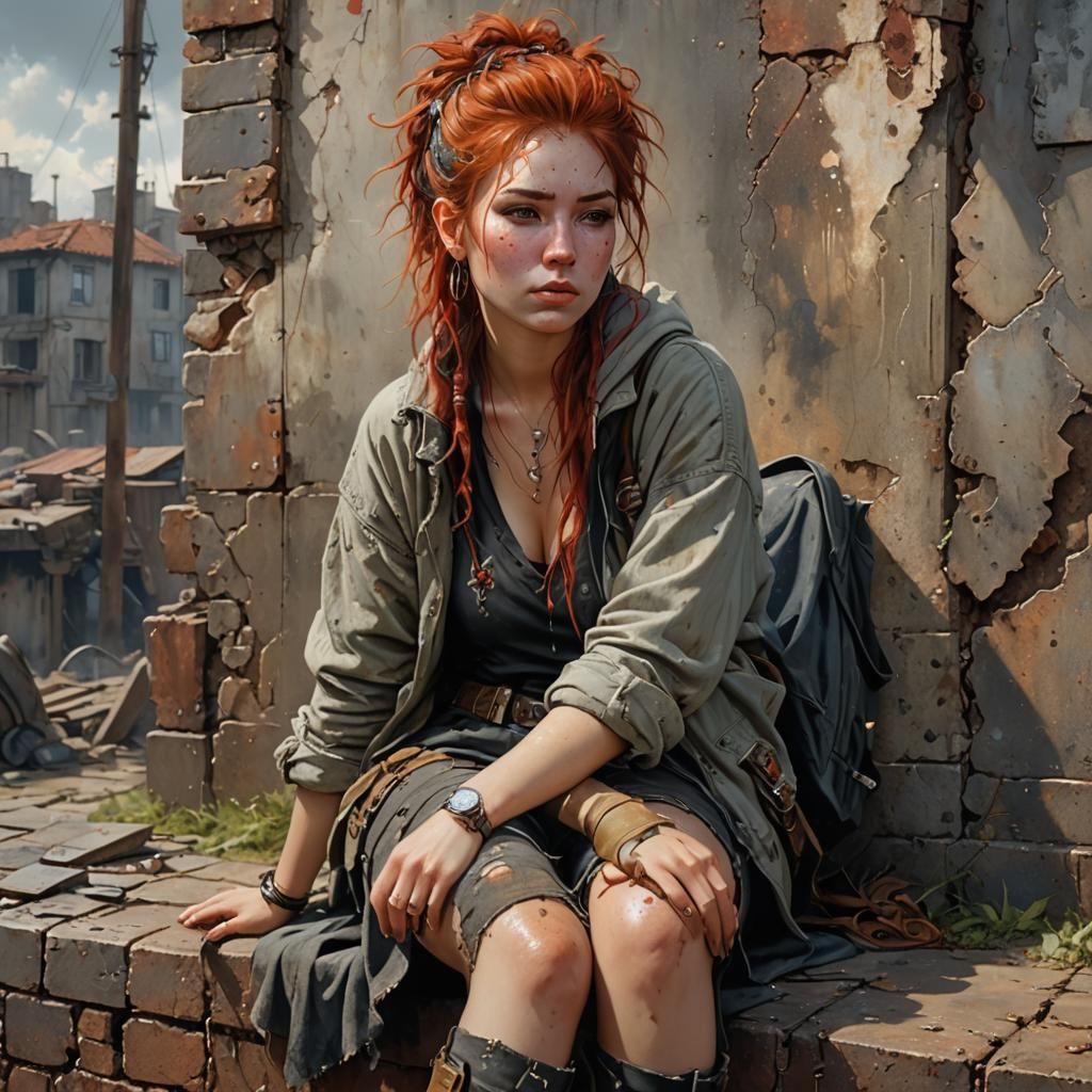 Freckled Woman in Post-Apocalyptic Acrylic Painting