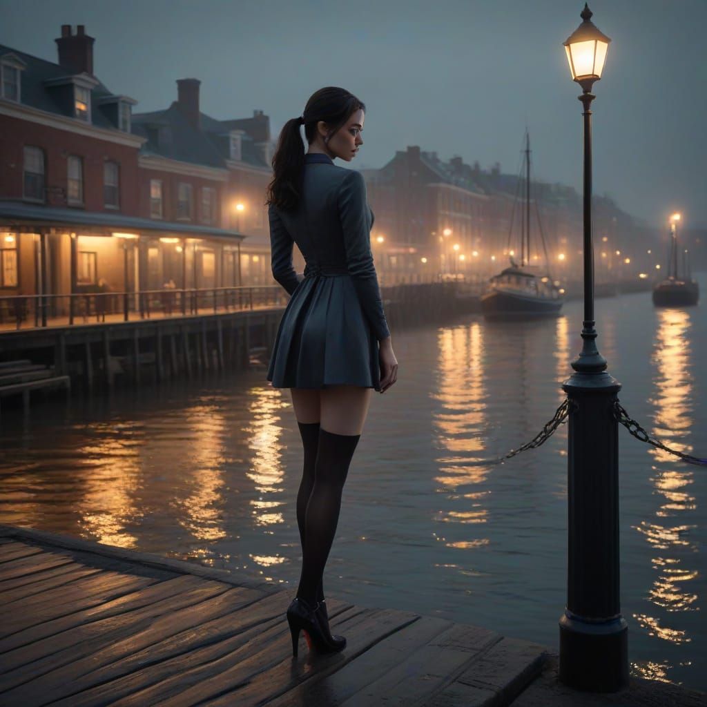 Mysterious Woman on a Quay in Moody Low-Key Lighting