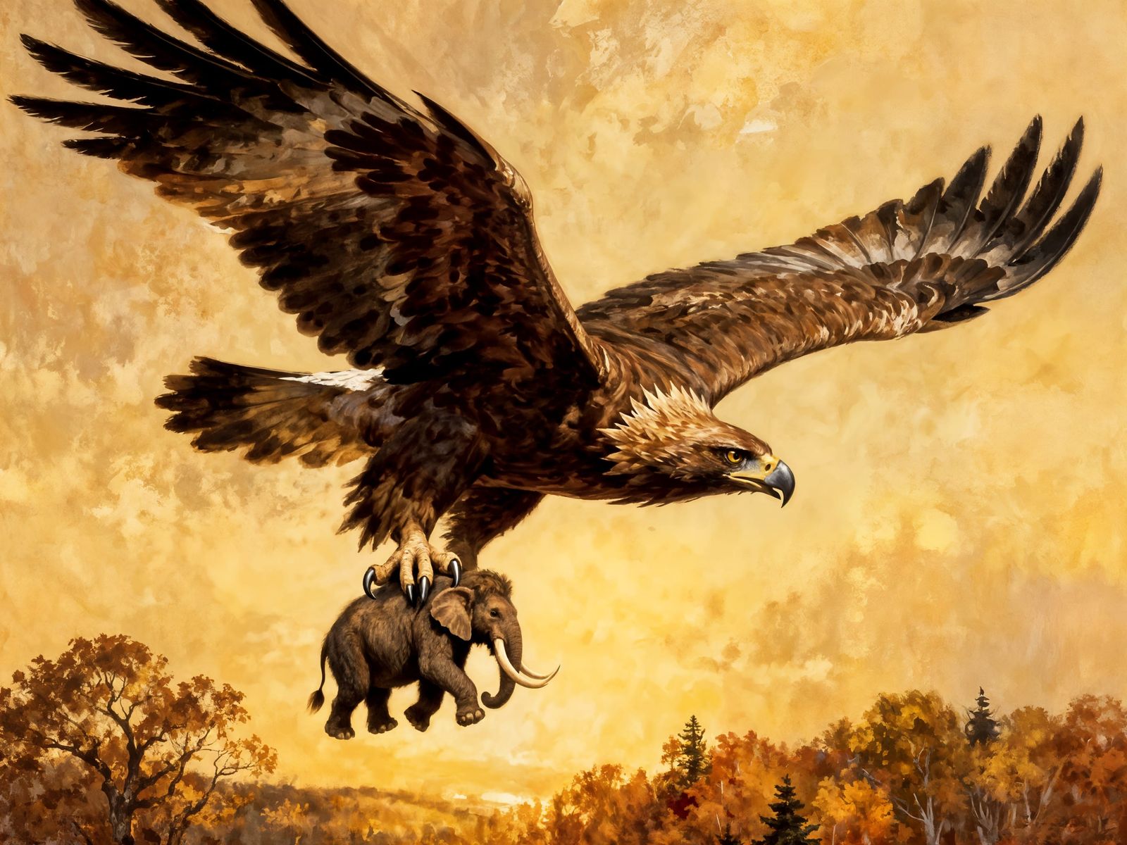 Massive Bird of Prey Hunts Tiny Mammoth in Autumn Landscape