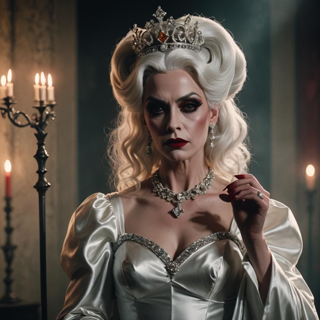 Gothic Drag Queen in White Gown with Scepter