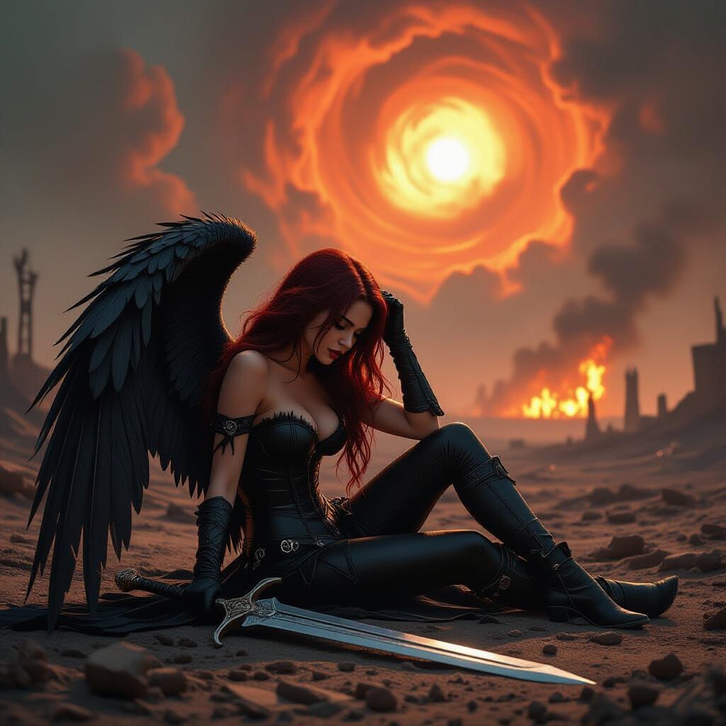 Fallen Angel in War-Torn Landscape: Cinematic Dark Fantasy