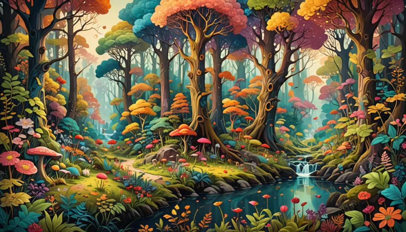Whimsical Forest Landscape in Golden Hour Light
