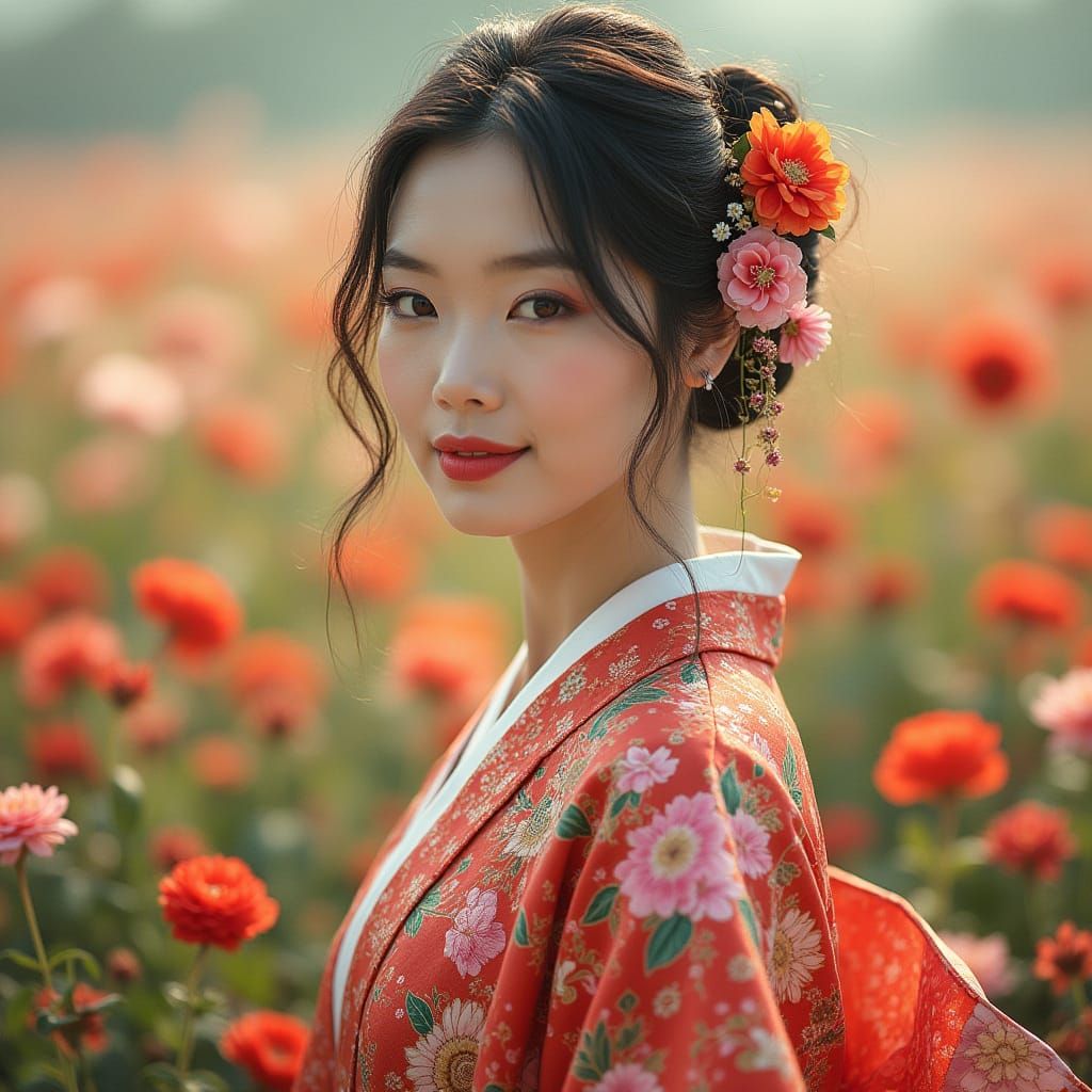 Asian Woman in Flower Field, Hashima Style
