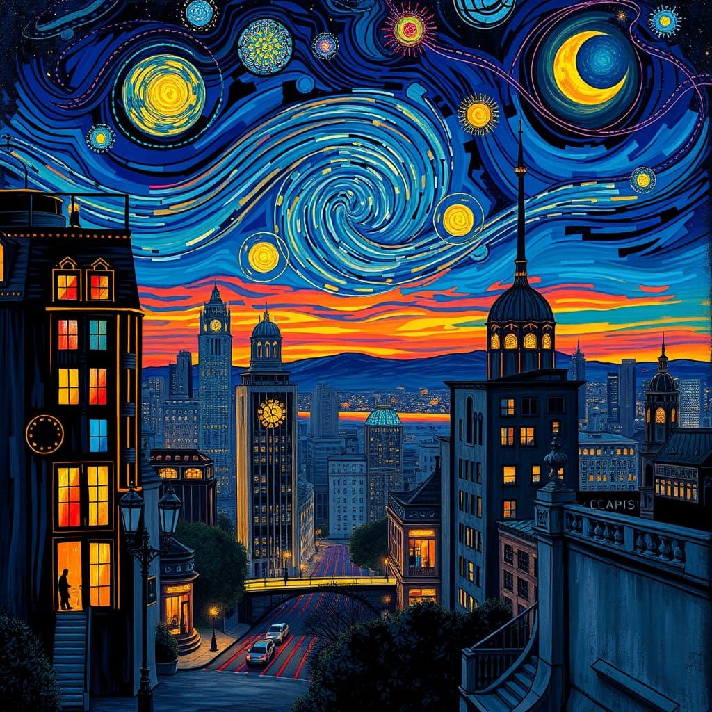 Golden Cityscape at Dusk, Blending Impressionism and Cubism