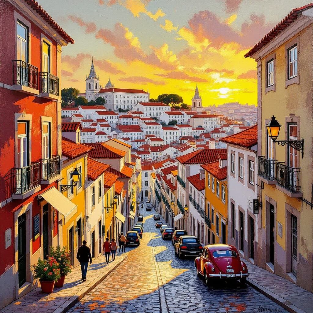 Lisbon Cityscape Oil Painting at Golden Hour