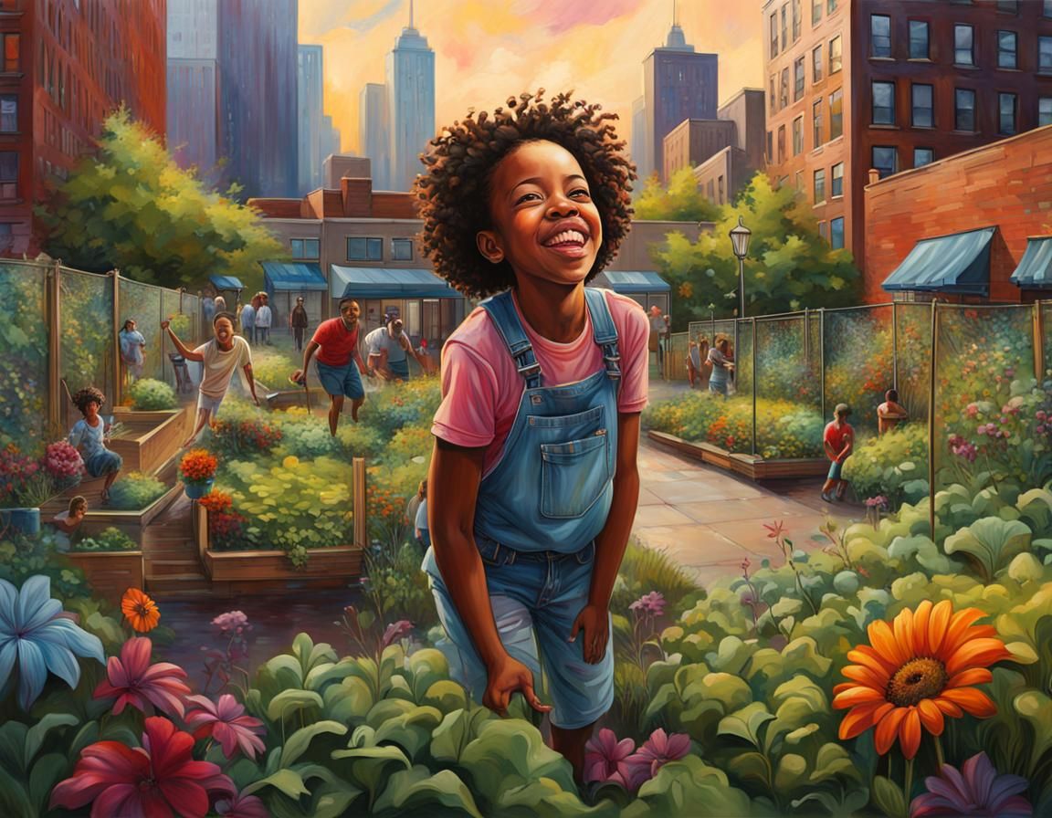 Vibrant Urban Garden Oasis in Chicago: Hyperrealistic Art