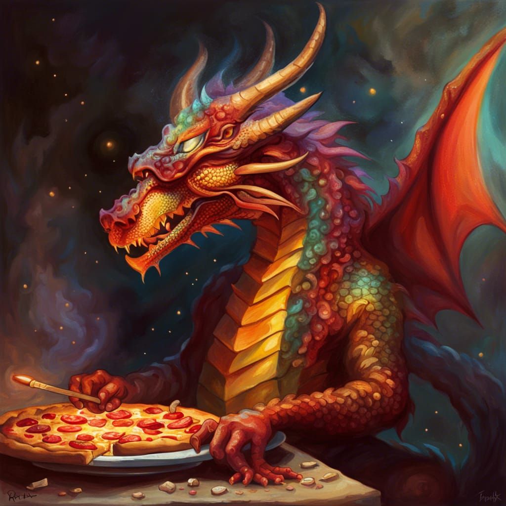 Cosmic Dragon Cooks Pizza in Fantasy Art Style