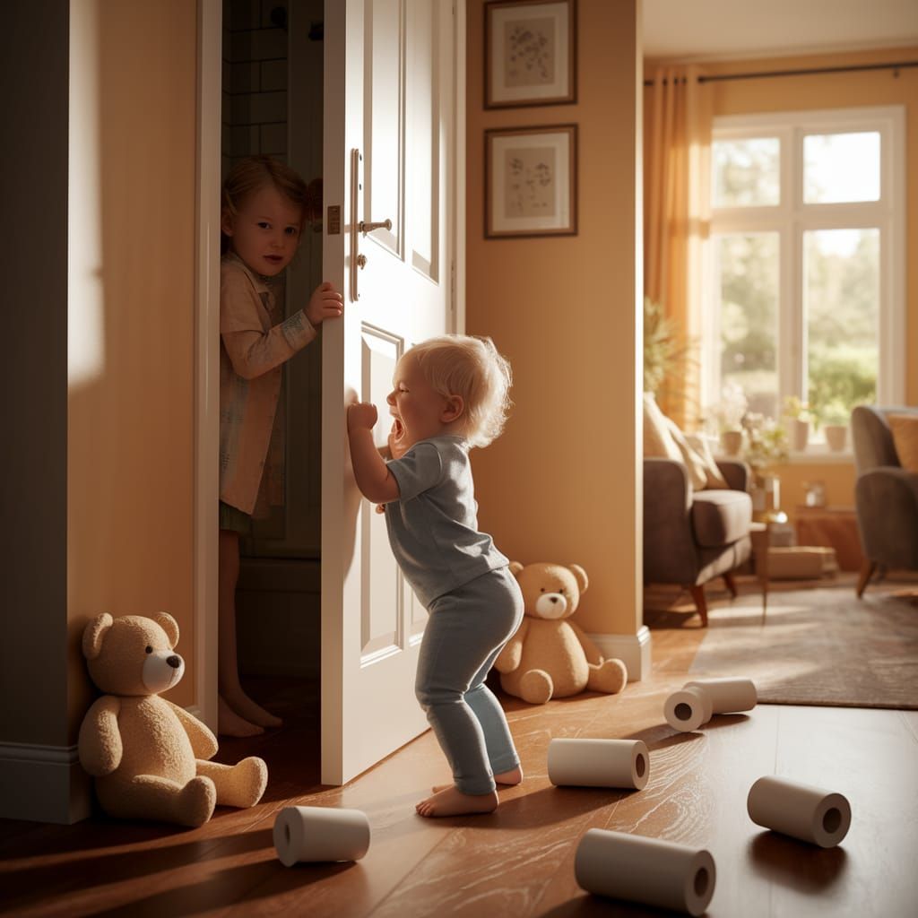 Toddler vs Locked Bathroom Door in Warm Lighting