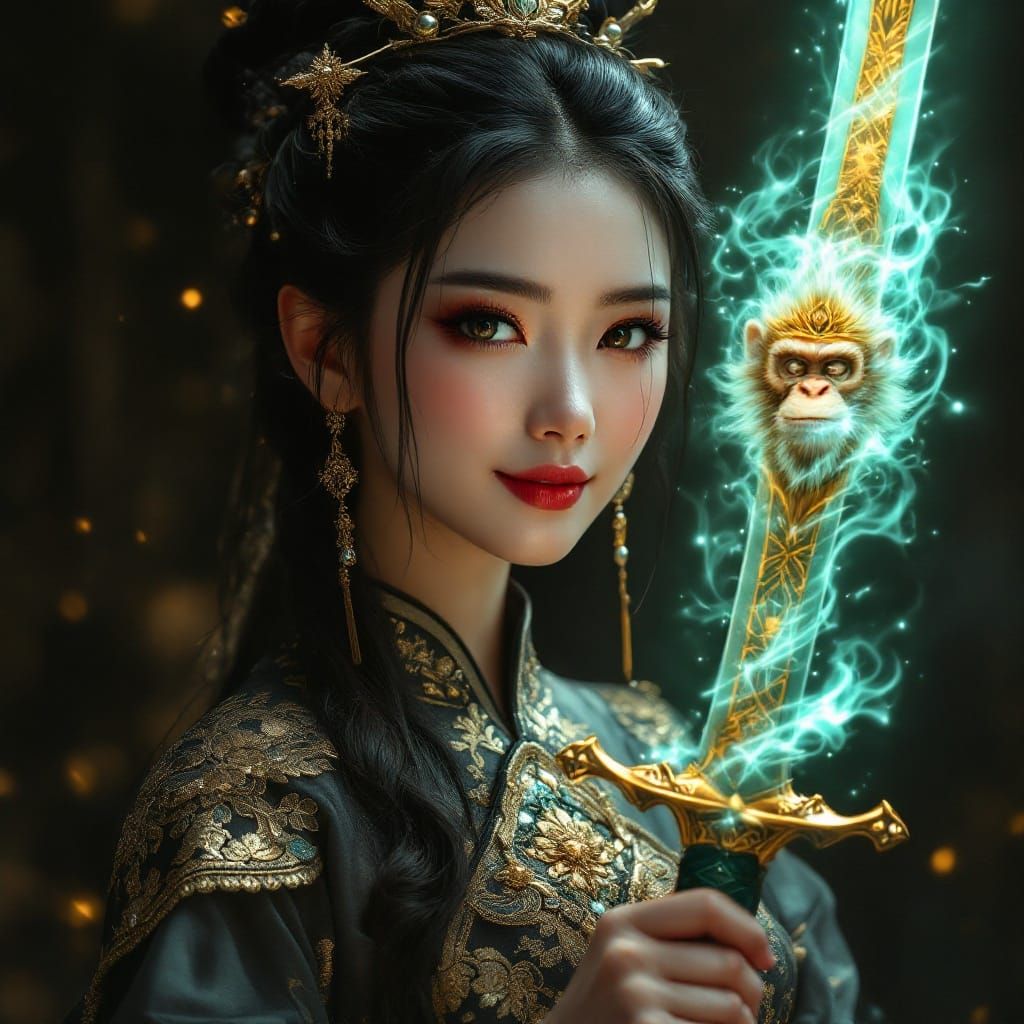 Woman in Hanfu with Dragon Sword, Chinese Portrait