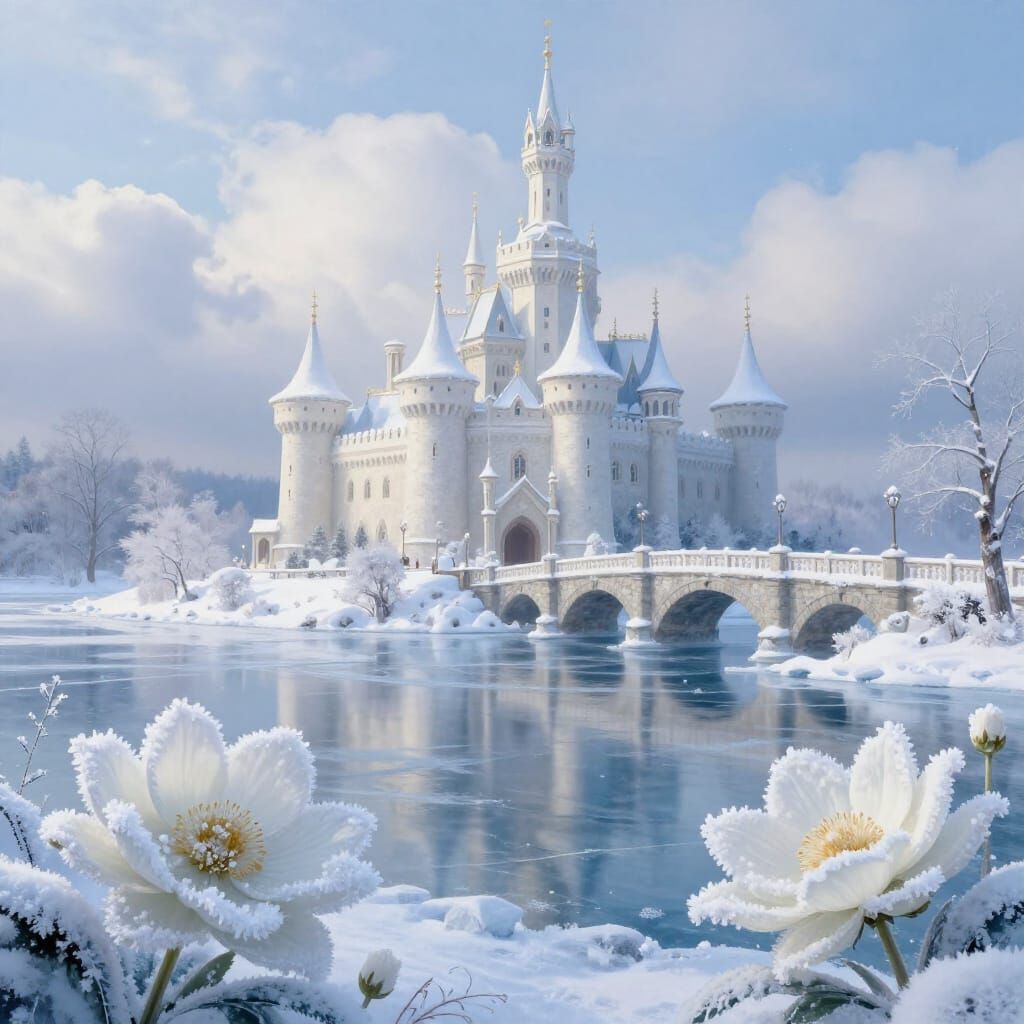 Majestic Winter Castle on Frozen River